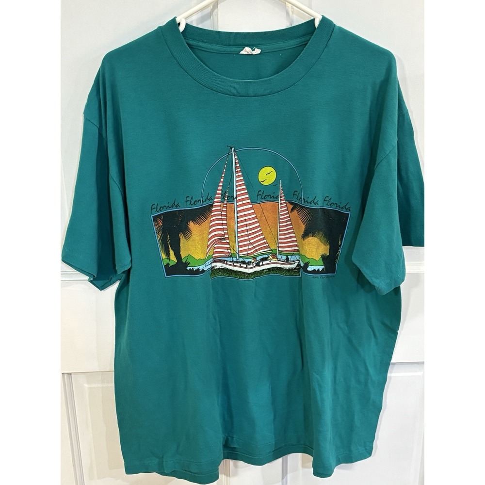Vintage 80s Florida Sailboat Tshirt Teal XL Sun Sportswear Single stitch